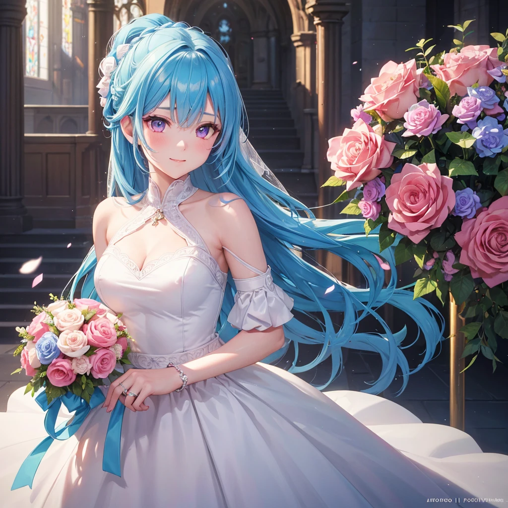 Sky blue hair, (Braided Ponytail),(Pink Eyes),Fair skin ,(whole body),(One girl),bride,A big smile,Straight bangs, 6月のbride,Wedding dress,(masterpiece, Highest quality, Very detailed, Best Shadow), (Detailed Background), (Beautifully detailed face), High Contrast, (Best lighting, Very delicate and beautiful), ((Cinematic Light)), colorful, Hyper Detail, Dramatic Light, Intricate details,Chapel background,Bouquet of roses,Ring on left ring finger,