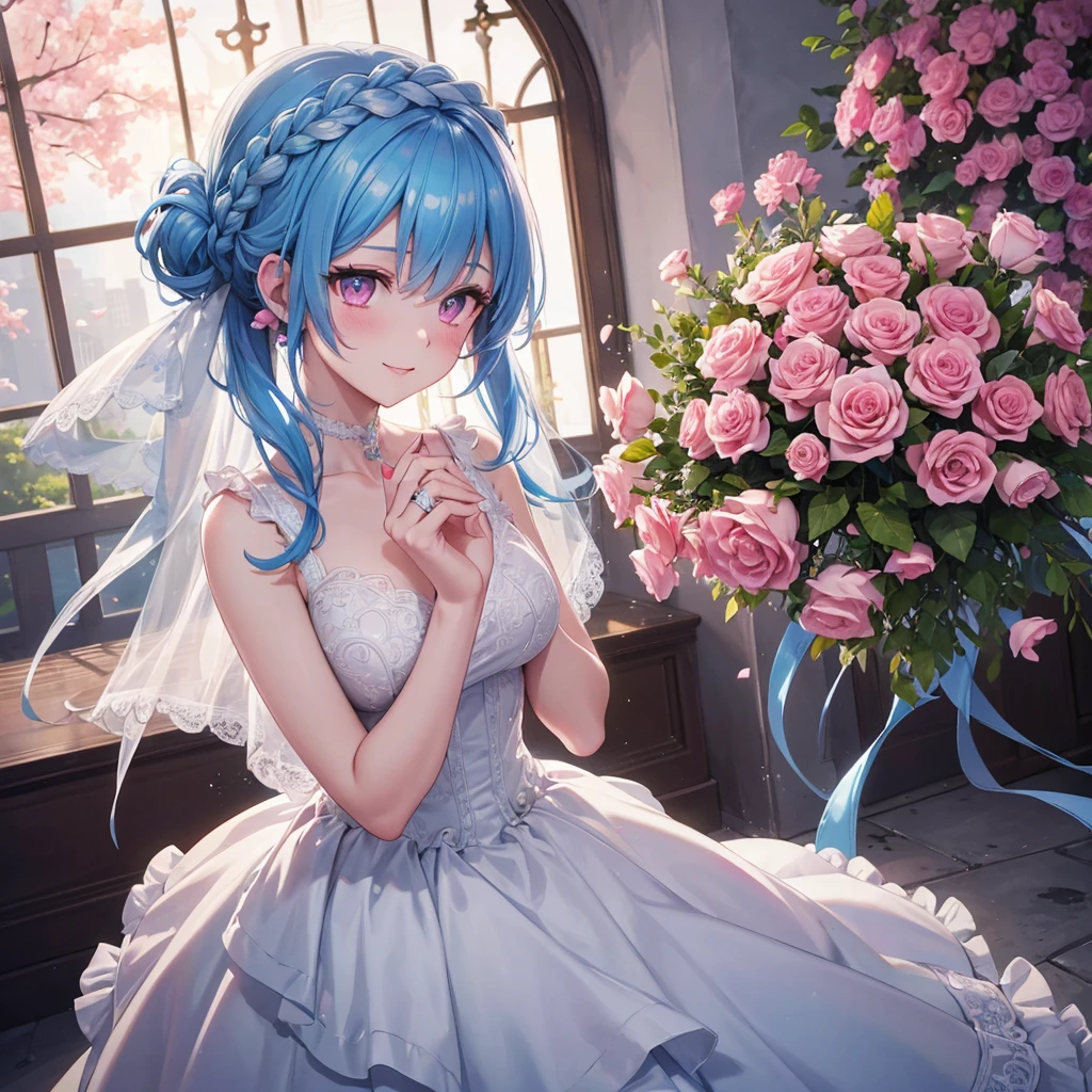 Sky blue hair, (Braided Ponytail),(Pink Eyes),Fair skin ,(whole body),(One girl),bride,A big smile,Straight bangs, 6月のbride,Wedding dress,(masterpiece, Highest quality, Very detailed, Best Shadow), (Detailed Background), (Beautifully detailed face), High Contrast, (Best lighting, Very delicate and beautiful), ((Cinematic Light)), colorful, Hyper Detail, Dramatic Light, Intricate details,Chapel background,Bouquet of roses,Ring on left ring finger,