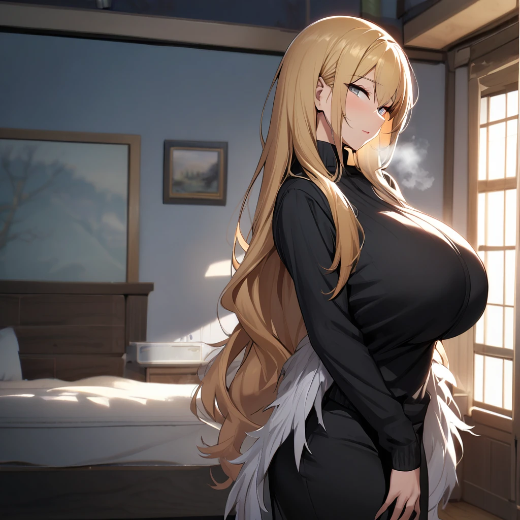 1girl,solo,Mature Women,Females in heat,blonde hair color,long hair,Her hair is tucked back,grey eyes,slanted eyes,super huge breasts,slender,black knit long sleeves,Steam comes out of the body,breath,feather shawl,amorous glance,side of face,looking at viewer,near,standing up,house,in bed room
