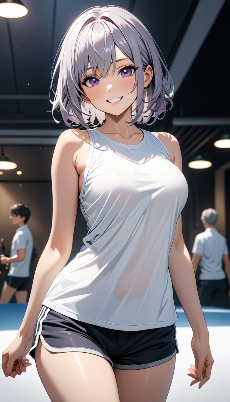 ((Highest quality、Masterpiece、Very detailed、4K))、One Woman、Beautiful Skin、White shirt、No sleeve、Shorts、(Purple Eyes)、(Gray Hair)、stand、((Rin々A beautiful smile))