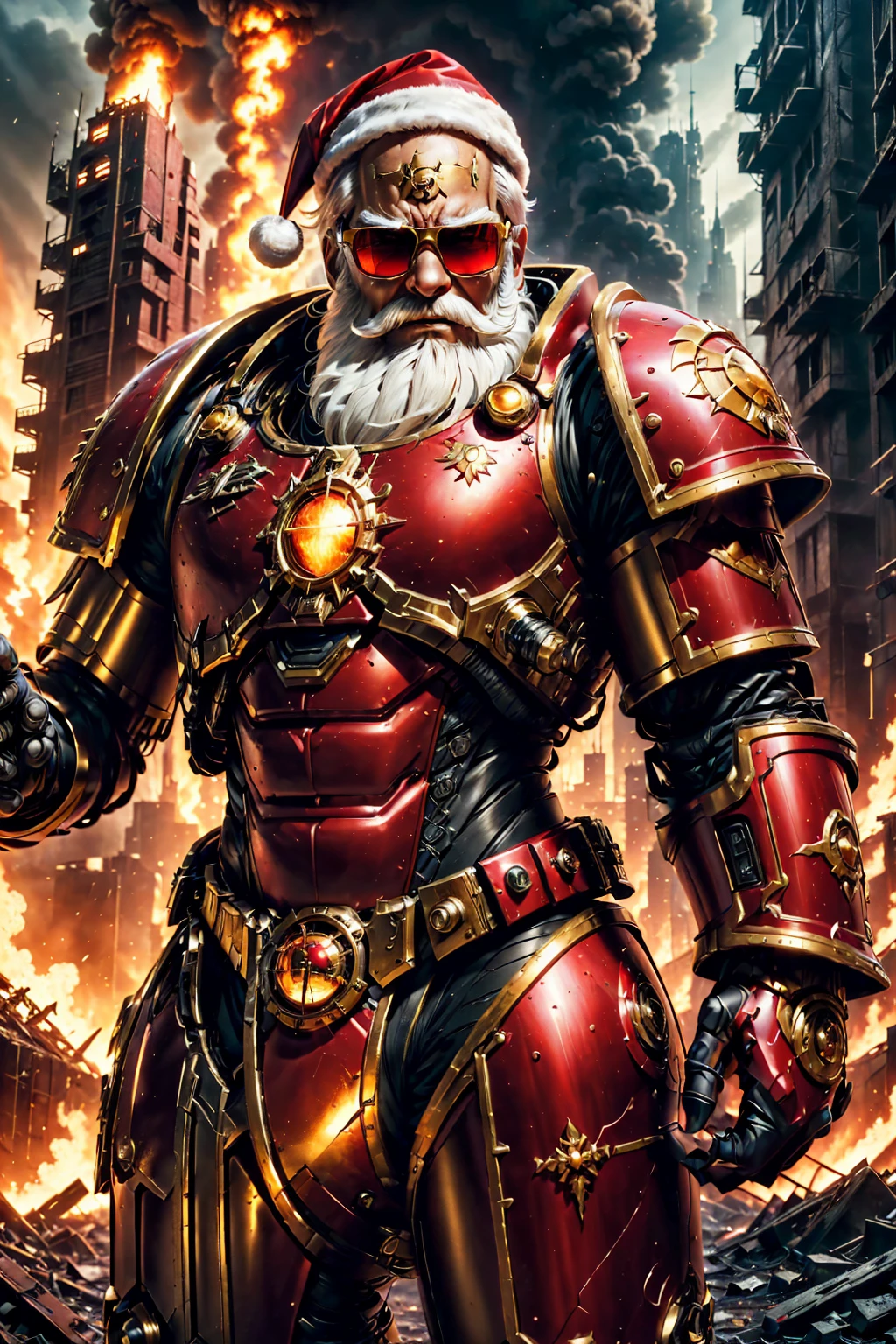 Warhammer 40K Universe,Santa Claus,Red and gold mechanized armor suit,Glowing Sunglasses,War-torn environment,Destroyed buildings and flames,Future Cityscape Background，A grim and dangerous atmosphere，Sci-fi cyberpunk aesthetics，High contrast and desaturated tonal lighting,(Best quality,4K,8K,high resolution,masterpiece:1.2),Extremely detailed,(Practical,photoPractical,photo-Practical:1.37).