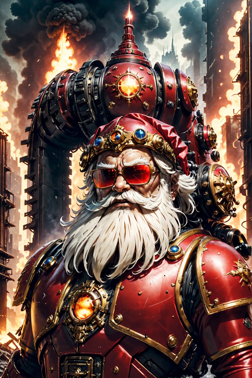 Warhammer 40K Universe,Santa Claus,Red and gold mechanized armor suit,Glowing Sunglasses,War-torn environment,Destroyed buildings and flames,Future Cityscape Background，A grim and dangerous atmosphere，Sci-fi cyberpunk aesthetics，High contrast and desaturated tonal lighting,(Best quality,4K,8K,high resolution,masterpiece:1.2),Extremely detailed,(Practical,photoPractical,photo-Practical:1.37).