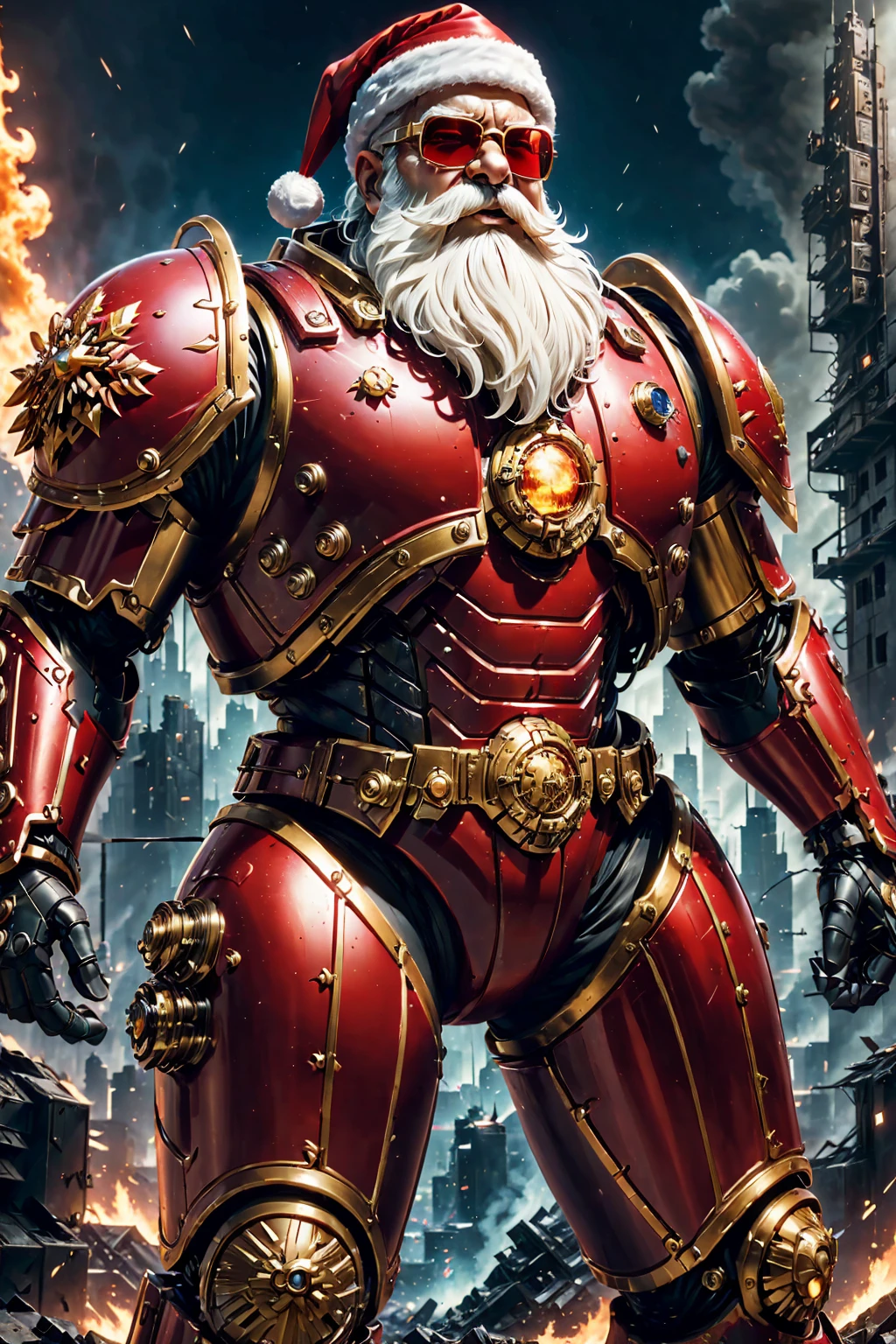 Warhammer 40K Universe,Santa Claus,Red and gold mechanized armor suit,Glowing Sunglasses,War-torn environment,Destroyed buildings and flames,Future Cityscape Background，A grim and dangerous atmosphere，Sci-fi cyberpunk aesthetics，High contrast and desaturated tonal lighting,(Best quality,4K,8K,high resolution,masterpiece:1.2),Extremely detailed,(Practical,photoPractical,photo-Practical:1.37).