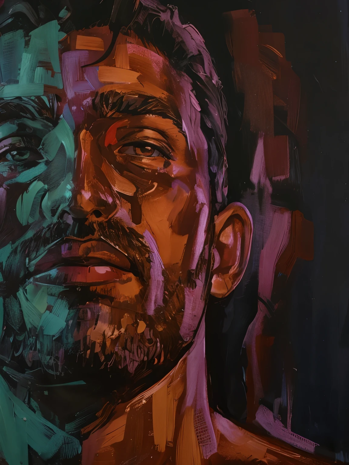 portrait of a man looking confident and sexy, dark abstract background, oil painting