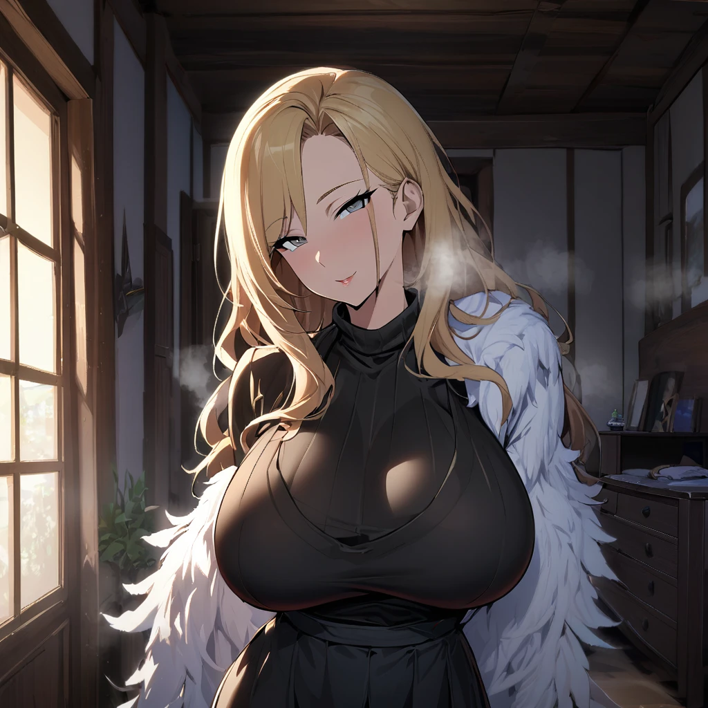 1girl,solo,Mature Women,Females in heat,blonde hair color,long hair,Her hair is tucked back,grey eyes,slanted eyes,super huge breasts,slender,black knit long sleeves,Steam comes out of the body,breath,feather shawl,amorous glance,side of face,looking at viewer,near,standing up,house,in bed room