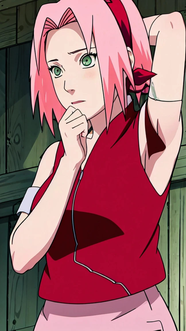 Sakura Haruno, Sakura Shippuden, upper body, armpit, showing armpit, Sleeveless, Masterpiece, 1 woman, green eyes, Amazing picture of the hot neighbor with her hair tied up in a messy bun. Wearing an unbuttoned olive green off-the-shoulder shirt and an oversized kiss, she makes out passionately with her male neighbor on her bed in an intimate setting., Sharp picture, full body