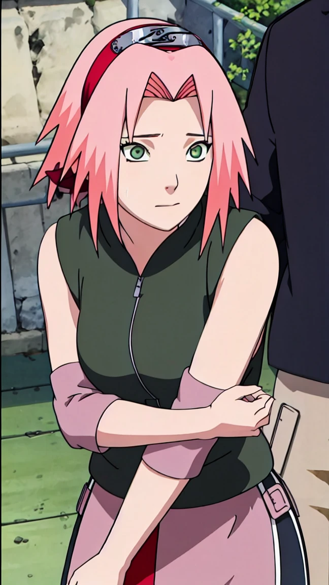 Sakura Haruno, Sakura Shippuden, upper body, armpit, showing armpit, Sleeveless, Masterpiece, 1 woman, green eyes, Amazing picture of the hot neighbor with her hair tied up in a messy bun. Wearing an unbuttoned olive green off-the-shoulder shirt and an oversized kiss, she makes out passionately with her male neighbor on her bed in an intimate setting., Sharp picture, full body