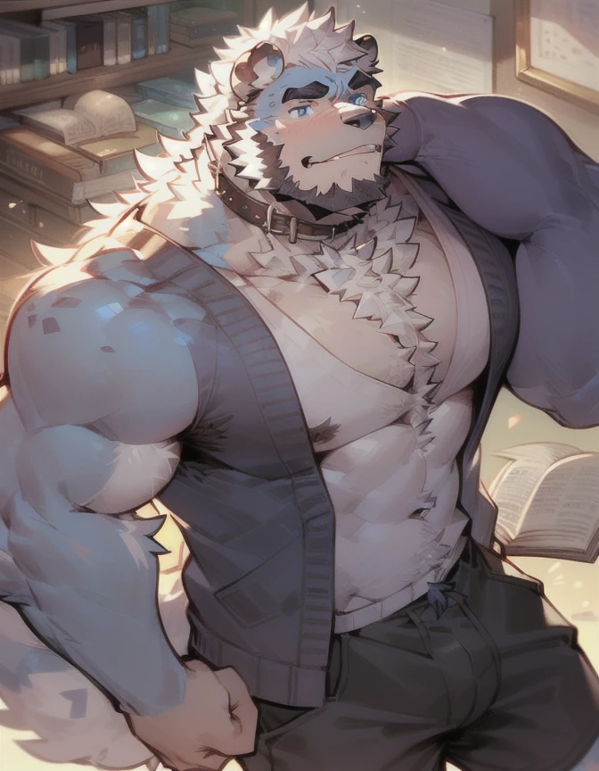 1 man,Wolf Orc,(hairy:1.5),Gray blue fur,blue eyes,,Body hair,literature,Cardigan,shorts,solitary,flat chest,,short hair,Delicate muscle lines,(Thick thighs:0.5),collar,SFW.