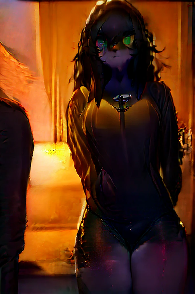 NSFW, naked close up, nude, open legs pose, Melena is a beautiful necromancer., black fur, in the style of a Heavy Metal magazine cover, low-cut robe with high details, High detail face, high detailed leather, fit athletic body, Heavy metal aesthetics, necromancer's lair background, high quality, Masterpiece, realistic photo, intricately detailed, 8k, HDR, shallow depth of field, wide light, High contrast, backlight, light flares, chromatic aberration, sharp focus, Raw color photo, looking to the camera, cold colors, erotic pose, seductive smile