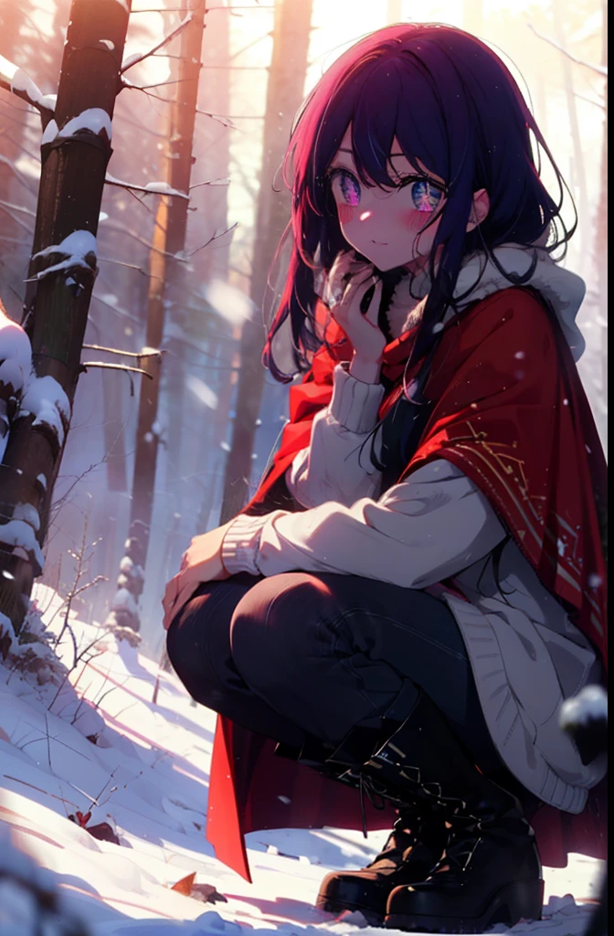aihoshino, Ai Hoshino, Long Hair, bangs, (Purple eyes:1.1), Purple Hair, (Symbol-shaped pupil:1.5), smile,,smile,blush,White Breath,
Open your mouth,snow,Ground bonfire, Outdoor, boots, snowing, From the side, wood, suitcase, Cape, Blurred, , forest, White handbag, nature, Squat, Mouth closed, Cape, winter, Written boundary depth, Black shoes, red Cape break looking at viewer, Upper Body, whole body, break Outdoor, forest, nature, break (masterpiece:1.2), Highest quality, High resolution, unity 8k wallpaper, (shape:0.8), (Beautiful and beautiful eyes:1.6), Highly detailed face, Perfect lighting, Highly detailed CG, (Perfect hands, Perfect Anatomy),