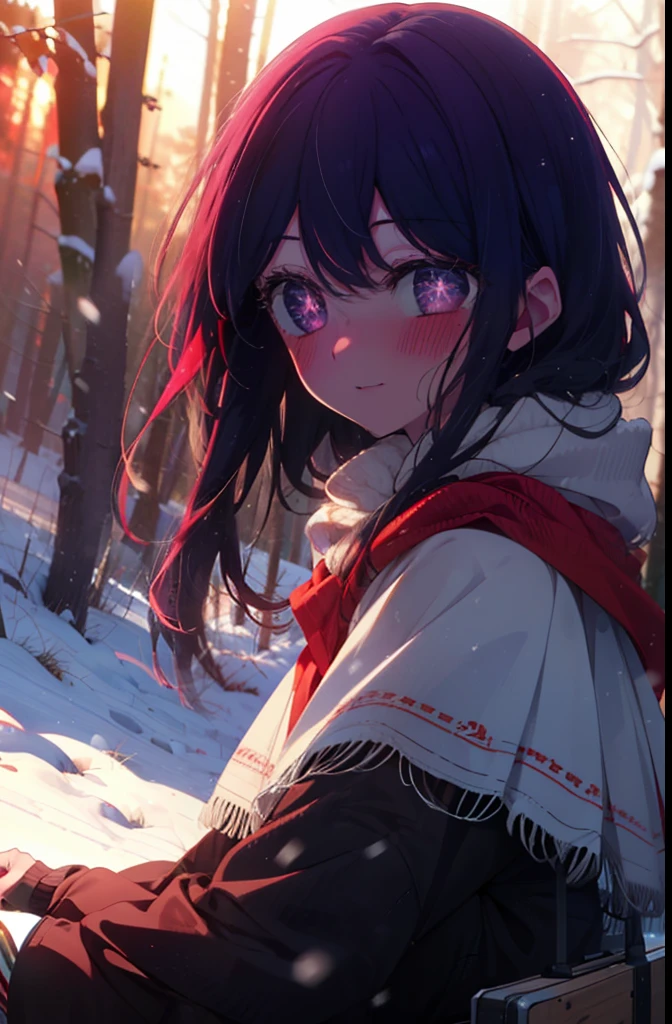 aihoshino, Ai Hoshino, Long Hair, bangs, (Purple eyes:1.1), Purple Hair, (Symbol-shaped pupil:1.5), smile,,smile,blush,White Breath,
Open your mouth,snow,Ground bonfire, Outdoor, boots, snowing, From the side, wood, suitcase, Cape, Blurred, , forest, White handbag, nature, Squat, Mouth closed, Cape, winter, Written boundary depth, Black shoes, red Cape break looking at viewer, Upper Body, whole body, break Outdoor, forest, nature, break (masterpiece:1.2), Highest quality, High resolution, unity 8k wallpaper, (shape:0.8), (Beautiful and beautiful eyes:1.6), Highly detailed face, Perfect lighting, Highly detailed CG, (Perfect hands, Perfect Anatomy),