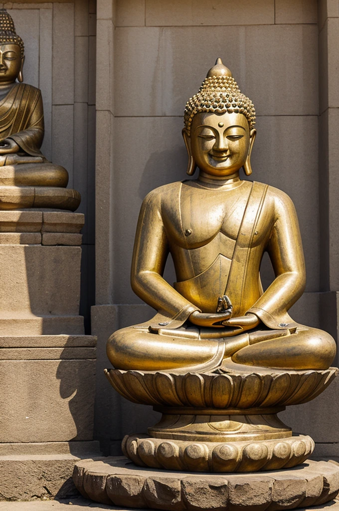 Buddha statue,young man stepping,young people laughing