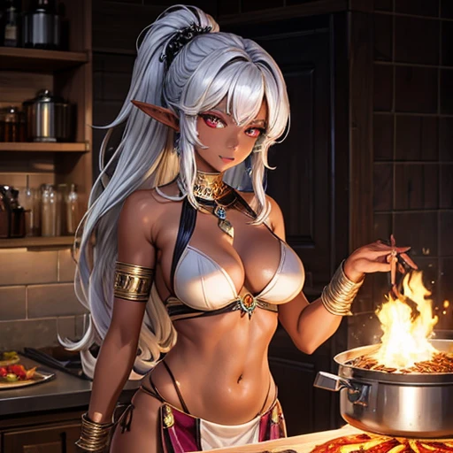 A dark elf woman with silver hair and brown skin., Making spices.　Showing your belly button　Indian traditional clothing　Tandoori kettle　Tandoori Chicken