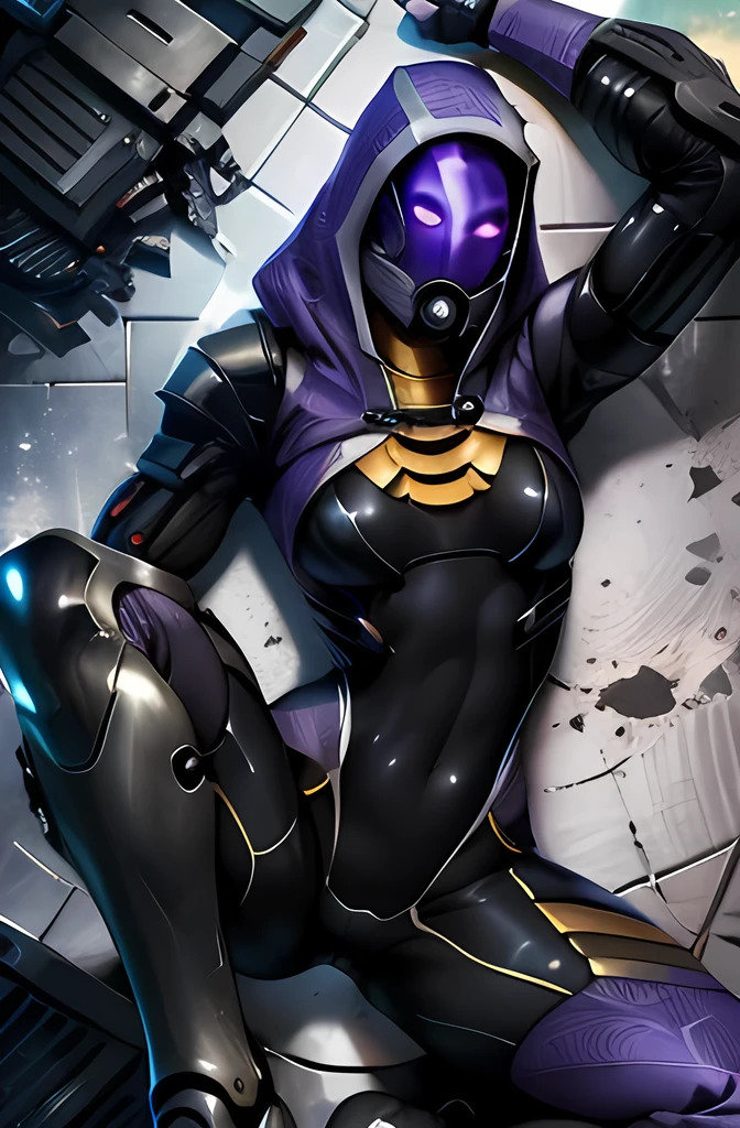 tali, 1 girl full height, One, hood, purple bodysuit, a mask, (helmet, impersonal), hood up, chest thrust forward,stranger, lies completely on his back, both knees are strongly bent, both legs slightly spread,legs are positioned symmetrically,hands above head, view from above, whole body in frame, Ideal figure, angry
