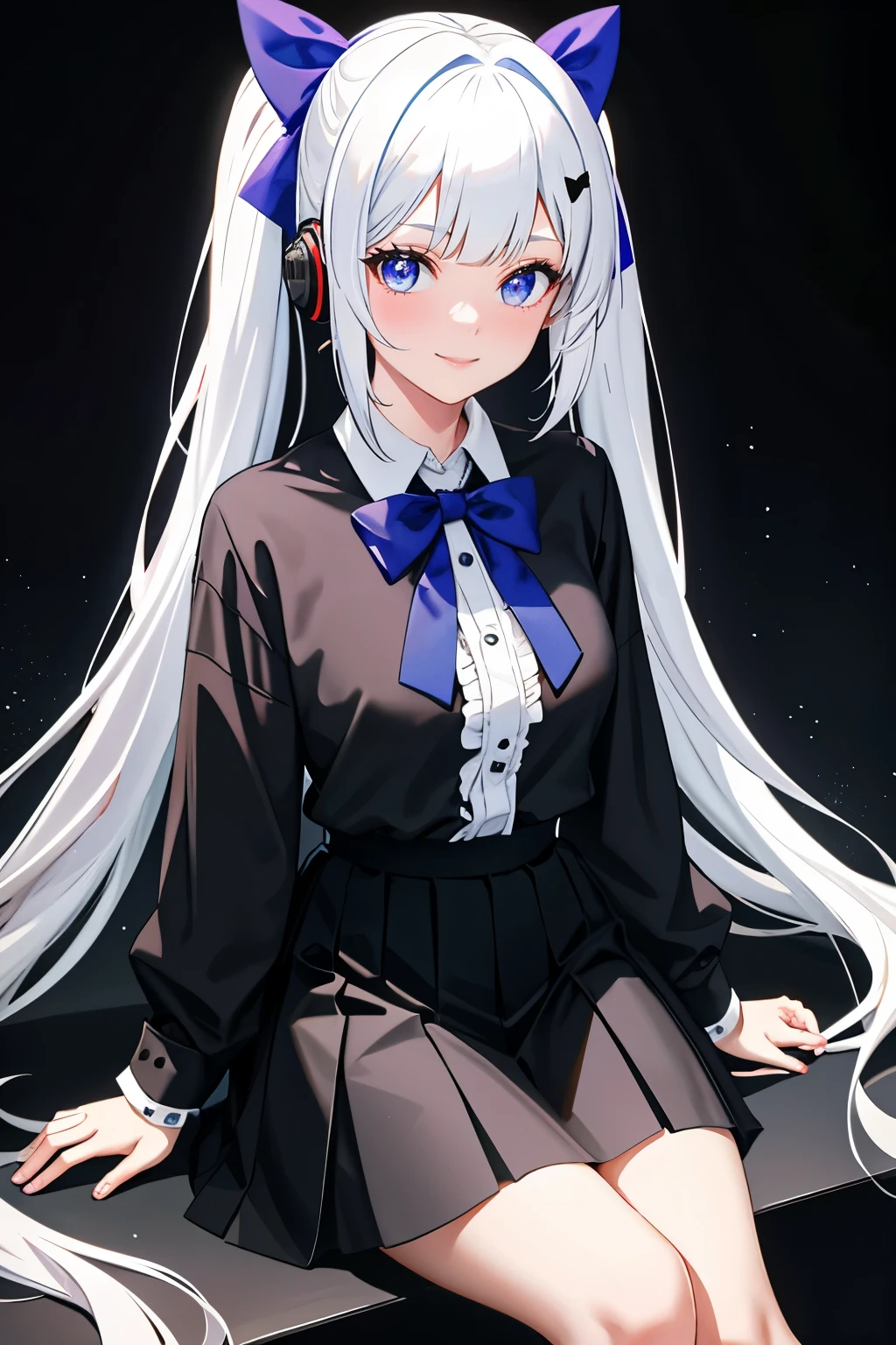 (Realistic painting style:0.9), masterpiece, best quality, absurdres, looking at viewer, no pupils, alternate costume, 1girl, solo,white hair , black hair, multicolor hair, bow, purple bow, shirt, white shirt, looking at viewer, bangs, skirt, blue eyes, bowtie, multicolored hair, ponytail, long hair, frills, blush,collared shirt, black bowtie, hair bow, sitting, black skirt, bow-shaped hair, blunt bangs, smile, sidelocks, blue bow, shirt tucked in, sleeves rolled up, upper body, center frills, gradient hair, school dress shirt, light particles, blue hair, big breasts ,twintail, headphone, gameroomconcept,