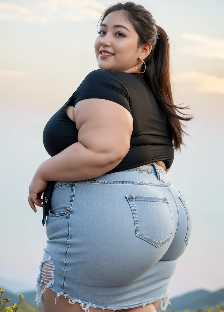 ((Best Quality, 8K, Masterpiece: 1.3)), Chubby woman smile  ((best quality)), ((masterpiece)), (detailed), perfect face, USA woman fat in a dark-blue shirt and blue denim skirt walking down a street, thicc, she has a jiggly fat round belly, bbwchan, wearing tight sexy clothes, skinny waist and thick hips, widest hips, her belly is fat and round, soft curvy shape, hyperrealistic full figure, wearing a cute top, wide hips, cropped shoulders，Bare belly,(big assa:0.7),show legs,, thicc, beautiful thick female, beautiful curvy female,, Tall and tall，clear curvy details, curvy hourglass figure, alluring plus sized model, bbwchan, Voluptious body, Curvy model, Curvy body, Be red in the face, 1girll fat , a matural female, A MILF, the golden ratio,(Kpop idol),(Oil skin:1.2),(Oil skin:1.1) background High quality, HD, realistic, HDR. mountain refuge in grey stone, blends into the panoramic view of the mountain, spring landscape (green and flowery), edelweiss, lake, stream that winds, sunset, cool breeze. welcome mountaineers and hikers.