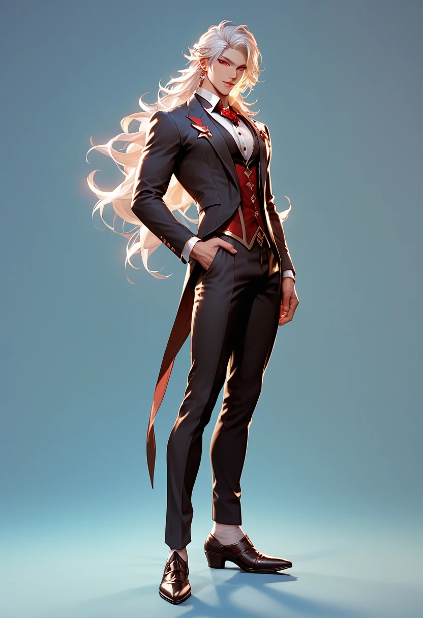 A handsome seductive young male with long white hair, red eyes. With a dove is his pet. He's a magician. full body portrait