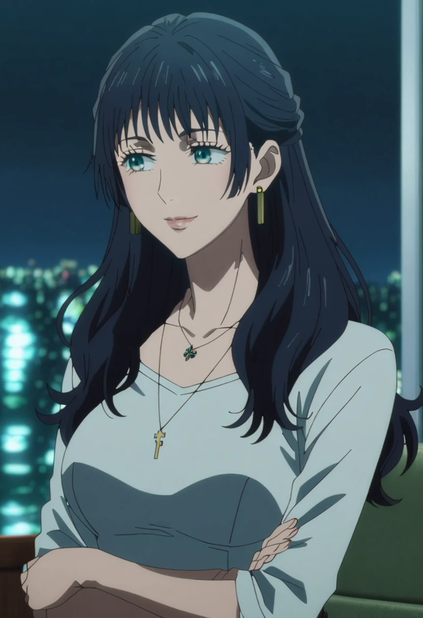 1girl, female gojo satoru, anime screencap from jujutsu kaisen, gojo satoru female version, solo, long_hair, Blue eyes ((Blue_hair)), night view, breasts, upper_body, smile, indoors, book, bangs, red_eyes, lips, (wavy hair) ((wearing white shirt and pencil skirt)) breast, "very detailed and high resolution" (Blue eyes) (cross arms)  ((long hair)) ((solo)) (front view)(necklace) (earings) ((high resolution)) ((good quality))