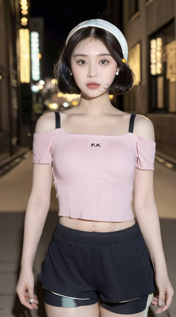 ((Best Quality, 8K, Masterpiece: 1.3)), (Flower Cap: 1.3), Focus: 1.2, Perfect Body Beauty: 1.4, Buttocks: 1.2, (Layered Haircut: 1.2)), (Dark Street: 1.3), Highly Detailed Face and Skin Texture, Full Body, Delicate Eyes, Double Eyelids,  Skin, Long Hair, (Round Face: 1.5), (Loose Crop Top, Shorts: 1.6) top colour pink 