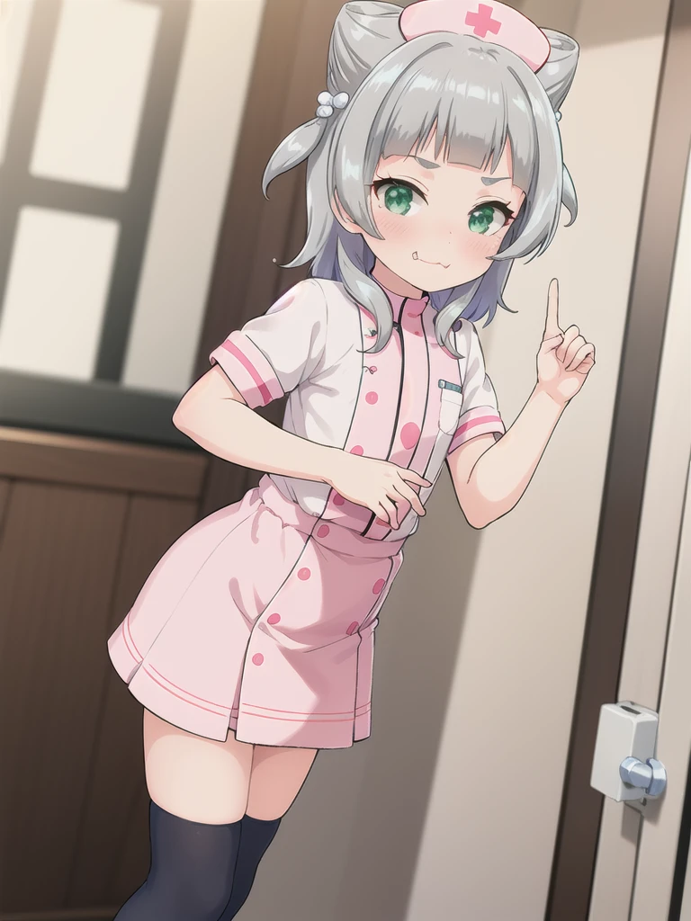 indoor,hospital,One girl, alone, Green Eyes, Grey Hair, hair ornaments, bangs, Virtual YouTuber, Shine, blunt bangs, Double Bang, Animal ears, Flat Chest,Pink nurse uniform,blush, (View your viewers), smile, Are standing,undressing,Bite your finger