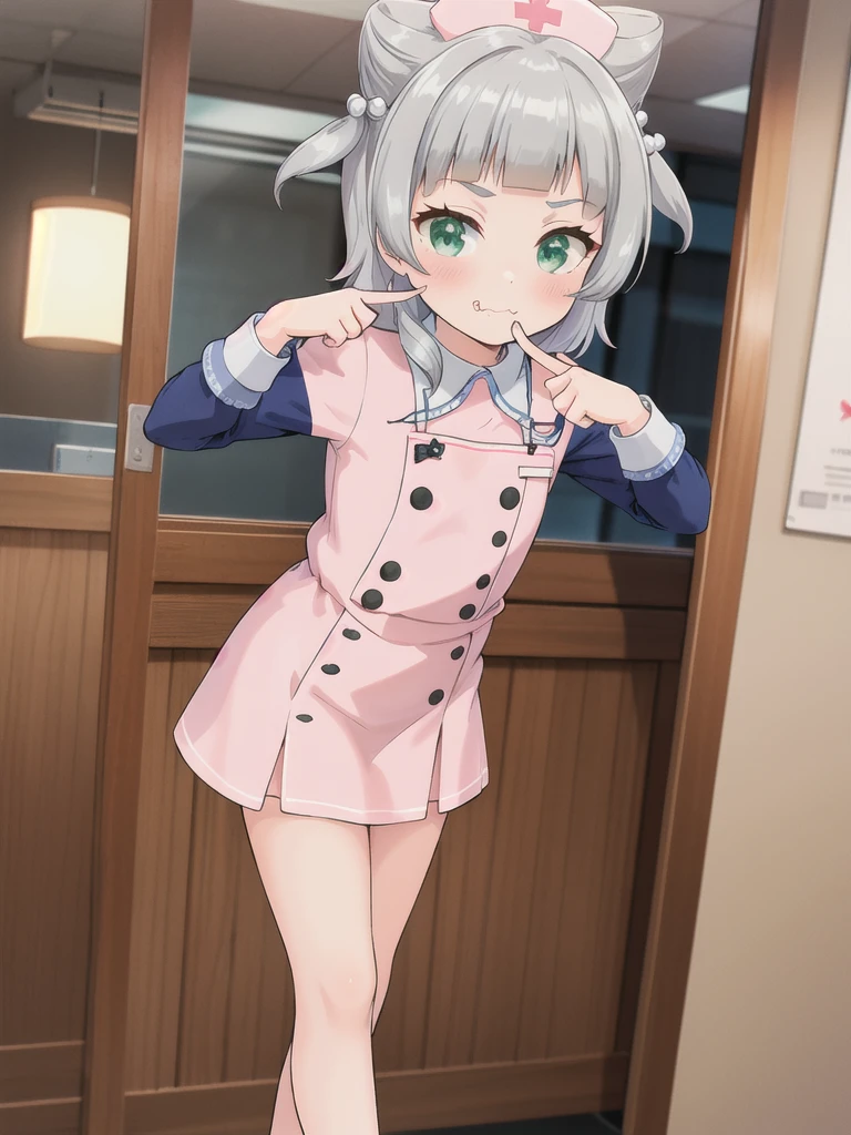 indoor,hospital,One girl, alone, Green Eyes, Grey Hair, hair ornaments, bangs, Virtual YouTuber, Shine, blunt bangs, Double Bang, Animal ears, Flat Chest,Pink nurse uniform,blush, (View your viewers), smile, Are standing,undressing,Bite your finger