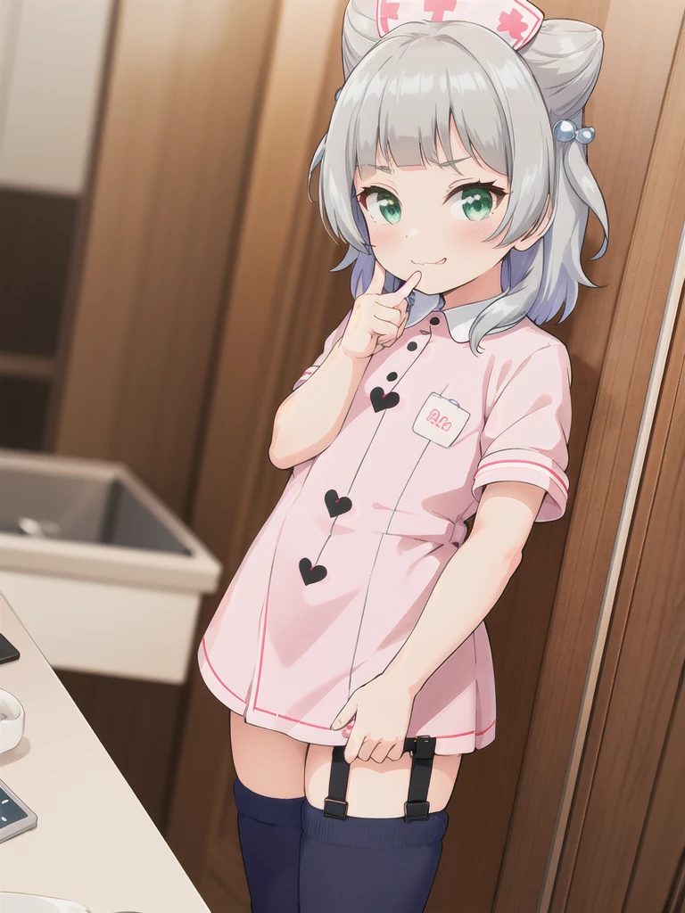indoor,hospital,One girl, alone, Green Eyes, Grey Hair, hair ornaments, bangs, Virtual YouTuber, Shine, blunt bangs, Double Bang, Animal ears, Flat Chest,Pink nurse uniform,blush, (View your viewers), smile, Are standing,undressing,Bite your finger