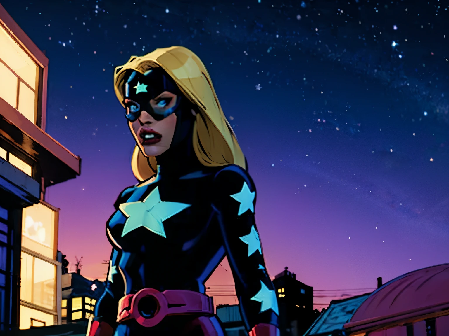 Stargirl from DC comics, upper body, looking at something, scared, night time, night sky background