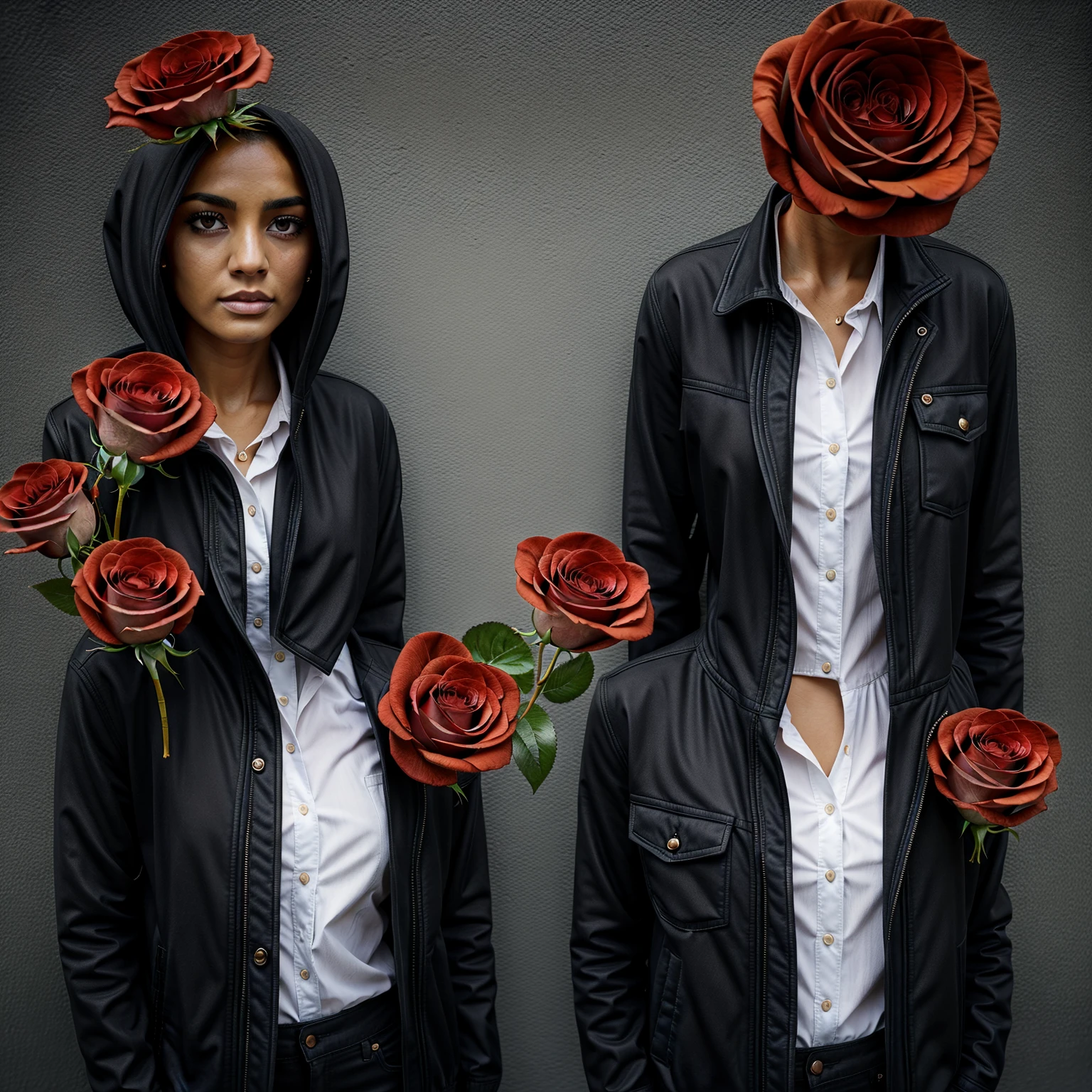 (arielpstyle:1.0), dark, horror, creepy, creepy-looking, painting, lovecraftian, , , ameinu, black hair, black jacket, brown hair, demon, flower, highres, jacket, orange eyes, red flower, red rose, rose, shirt, short hair, white shirt