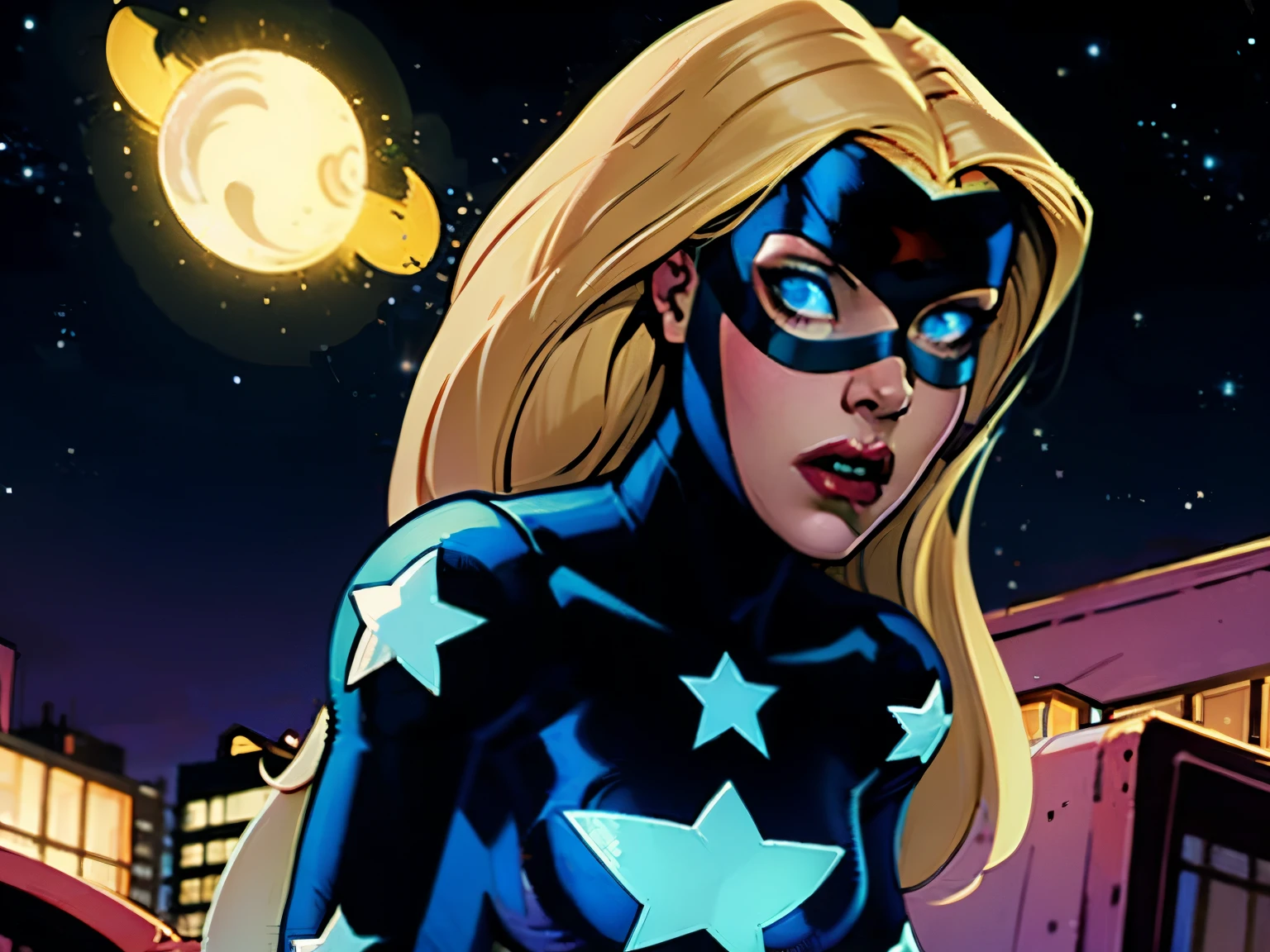 Stargirl from DC comics, upper body, looking at something, scared, night time, night sky background