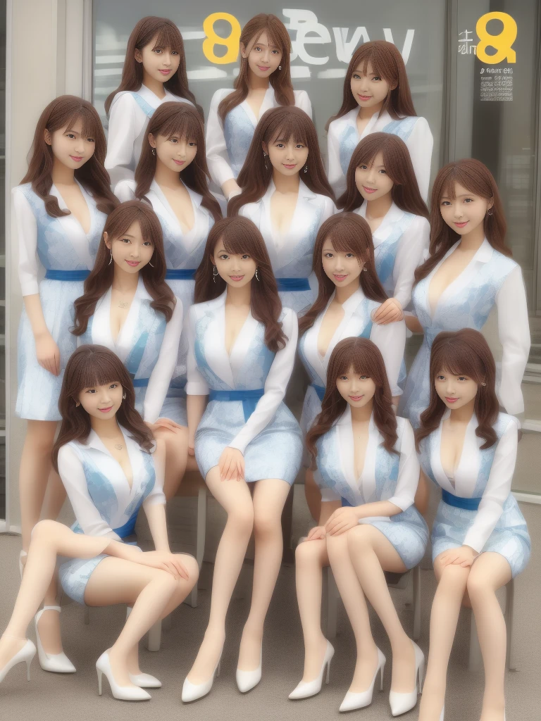 (group photo, multiple girls, Cute Japanese woman with a perfect body, 12girls), (idol), (masterpiece, high quality:1.2), big breasts, Each costume has a motif of one of the 12 zodiac signs., (smile), (office), highly detailed face, Constellation costumes、BREAK, ((Constellation costumes)), Constellation background, smile、bangs, Bright white skin, grace, Transparent air, (8k RAW photo:1.1), Natural light, 6Women, japanese idol、((:Fashionable magazine cover)))