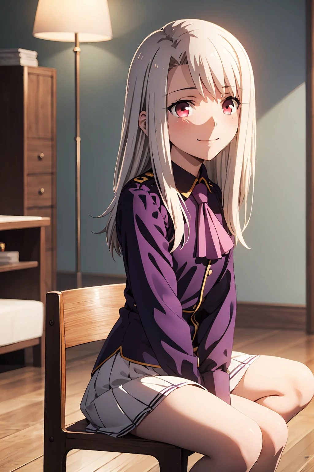 nsfw highest quality, (masterpiece:1.2), Very detailed, destiny/Background of stay, indoor, Illyasviel von Einzbern, etc., One girl, alone, Sitting, Looking at the audience, Mouth closed, smile, Long Hair, Gray Hair, Red eyes, Purple Shirt, Ascot, White skirt, cute white panties　Spread your legs　blush