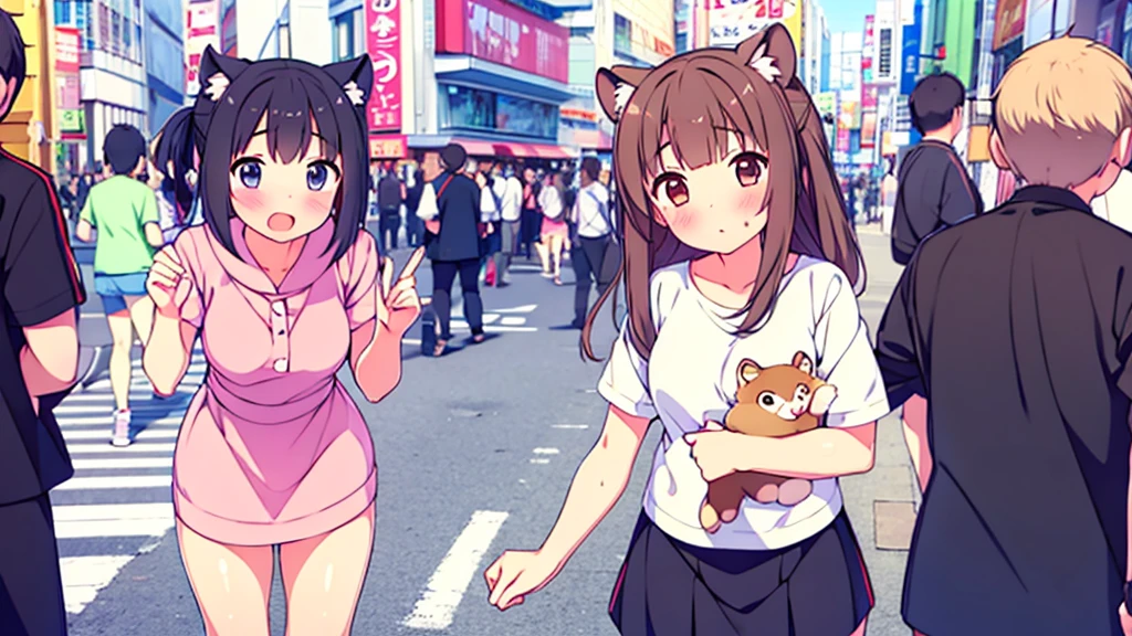 girl in short dress long stockings on the street akihabara tanuki blush on cheeks show pussy
