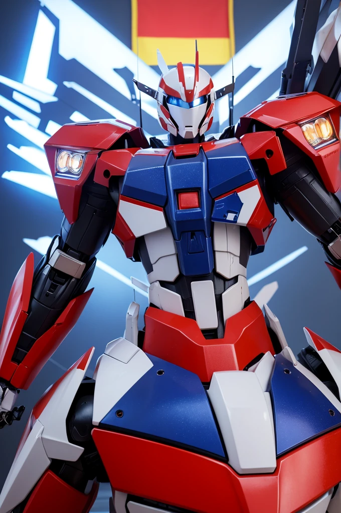 Hyper-realistic Gundam-inspired mecha embodying Japan's essence. Armor design blends futuristic technology with national aesthetics. Colors reflect the flag. Head and chest feature iconic symbols. Shoulder pauldrons showcase cultural artwork. Weapons shaped like famous landmarks. Background hints at recognizable landscapes. Dramatic lighting emphasizes metallic textures and patriotic colors. Pose evokes renowned artwork or historical figures. The mecha exudes national pride and power