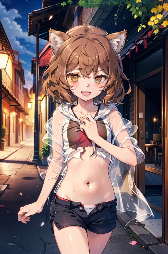 Lirilkaード, Lirilka, Animal ears, (Brown eyes:1.7), Brown Hair, (Flat Chest:1.2), happy smile, smile, Open your mouth,Sweat,See-through clothes,short hair,White Tank Top,Belly button,Shorts,Cute Sandals ,Walking during the day,Clear skies,                                                            break looking at viewer, whole body,                　　　　　　 break outdoors ,Residential Street,　　　　　　　　　　　　break (masterpiece:1.2), Highest quality, High resolution, unity 8k wallpaper, (shape:0.8), (Beautiful and beautiful eyes:1.6), Highly detailed face, Perfect lighting, Highly detailed CG, (Perfect hands, Perfect Anatomy),