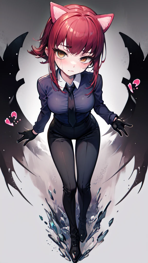 18-year-old girl，cute，Wear a white long-sleeved shirt and a black jacket and a black work tie，Wear black trousers，Wear black booties，Wear white gloves，wear cat ear，Wearing a collar，Black hair，Black eyes，Very thin waist，Very thin legs，Handsome，Disdainful and cold expression，shy，blush，scared，Sweating，tired，Outflow semen，Is giving sexual assault，pornography，crying，porn action