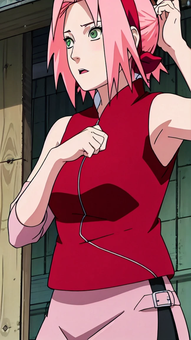 Sakura Haruno, Sakura Shippuden, upper body, armpit, showing armpit, Sleeveless, Masterpiece, 1 woman, green eyes, Amazing picture of the hot neighbor with her hair tied up in a messy bun. Wearing an unbuttoned olive green off-the-shoulder shirt and an oversized kiss, she makes out passionately with her male neighbor on her bed in an intimate setting., Sharp picture, full body