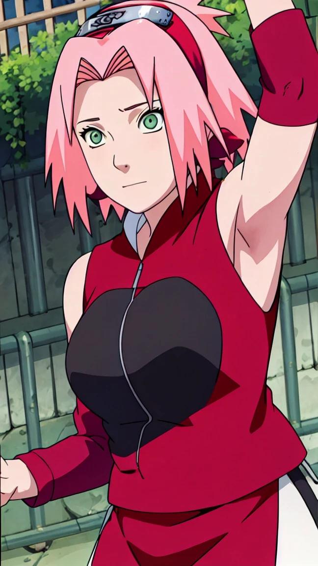 Sakura Haruno, Sakura Shippuden, upper body, armpit, showing armpit, Sleeveless, Masterpiece, 1 woman, green eyes, Amazing picture of the hot neighbor with her hair tied up in a messy bun. Wearing an unbuttoned olive green off-the-shoulder shirt and an oversized kiss, she makes out passionately with her male neighbor on her bed in an intimate setting., Sharp picture, full body