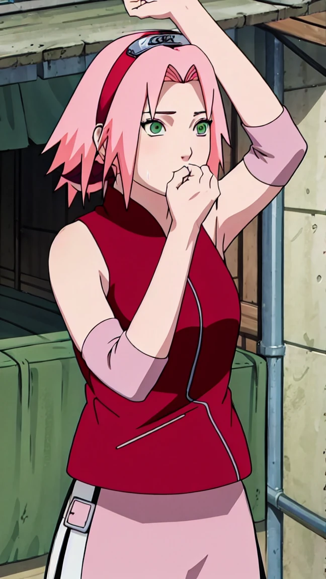 Sakura Haruno, Sakura Shippuden, upper body, armpit, showing armpit, Sleeveless, Masterpiece, 1 woman, green eyes, Amazing picture of the hot neighbor with her hair tied up in a messy bun. Wearing an unbuttoned olive green off-the-shoulder shirt and an oversized kiss, she makes out passionately with her male neighbor on her bed in an intimate setting., Sharp picture, full body