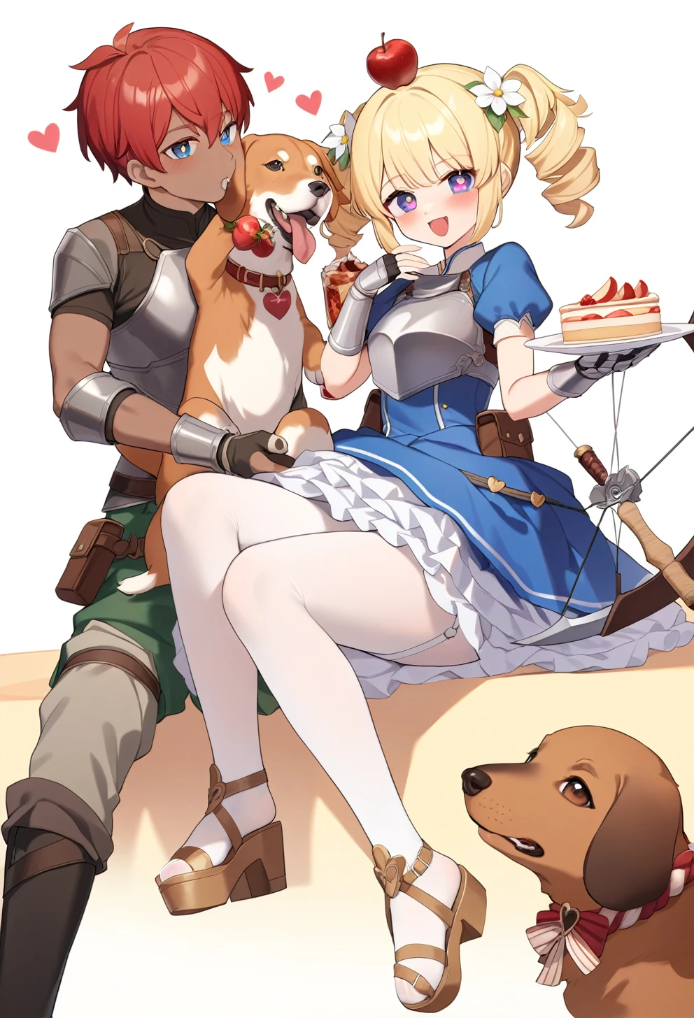 1 Asian girl, 1 darkskin boy, adult, white pantyhose, medium quality, breastplate, dachshund, weapon, blush, hair in another's mouth, bow \(weapon\), short twintails, pouch, gauntlets, green shorts, food bite, garter straps, arrow \(projectile\), puffy sleeves, twintails, shorts, food, flower, twin drills, heart-shaped eyes, apple on head, white background, armor, heart-shaped pupils, simple background, open mouth, short sleeves, hair flower, red hair, symbol-shaped pupils, cake, drill hair, muffin, arrow through apple, puffy short sleeves, boots, purple eyes, :3, blue eyes, heart, looking at viewer, red wine, pantyhose, plate, apple, armor \(fire emblem\), sword, hand grab, pants, multiple dogs, blonde hair, hair ornament, blue dress, bread, dog, shovel, short hair, white day, dress, sandals, petticoat, head rest, cup, heart arrow, newest, masterpiece, general

