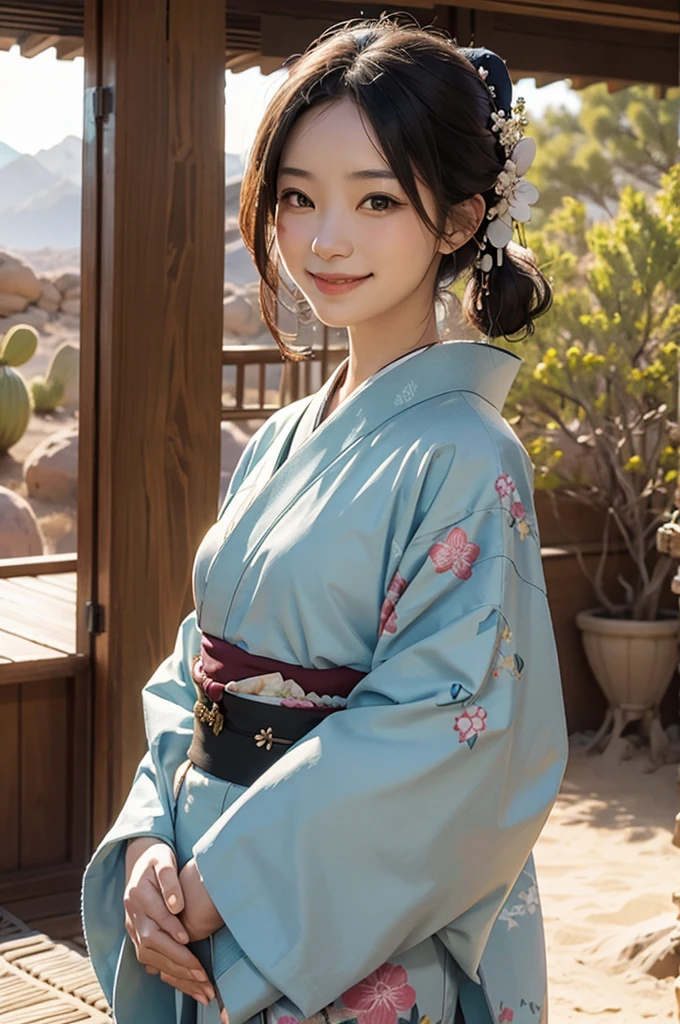 A beautiful smiling woman in a kimono in the sunlit desert