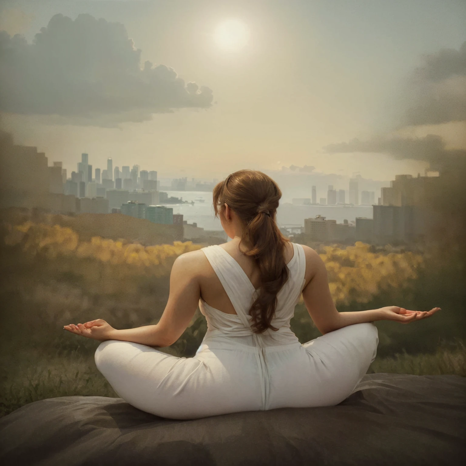 girl, Rear view, Meditation, In front of the beautiful skyline, As the sun sets, Related to God, Portrait Photos, directed by: Drew Tucker, directed by: Adam Malchinsky, directed by: Alexander Kucharsky,  8K Hyperrealism, directed by: Jason Felix, Yuri Shevidov and Tom Bagshaw, Illustration Art, Estillo Eric Johnson