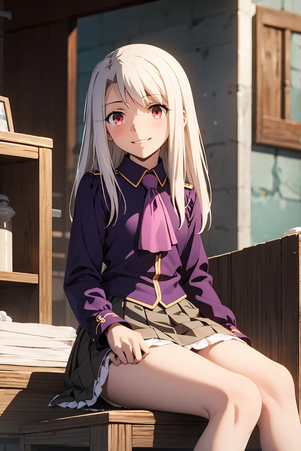 nsfw highest quality, (masterpiece:1.2), Very detailed, destiny/Background of stay, indoor, Illyasviel von Einzbern, etc., One girl, alone, Sitting, Looking at the audience, Mouth closed, smile, Long Hair, Gray Hair, Red eyes, Purple Shirt, Ascot, White skirt, cute white panties　Spread your legs　blush