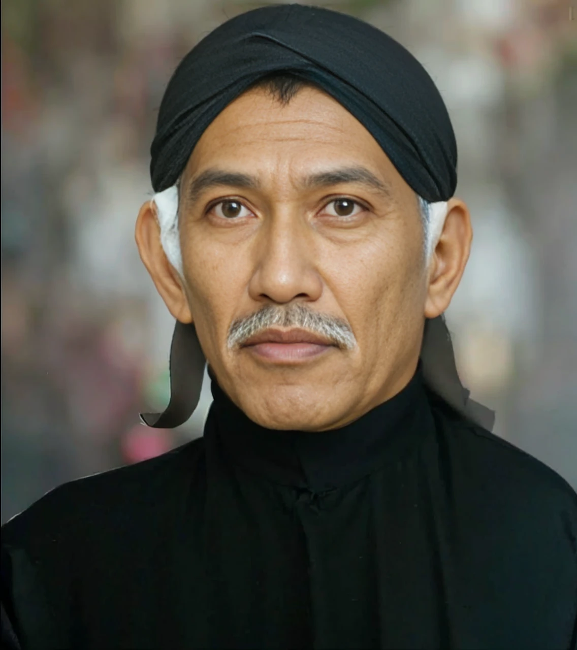 Indonesian Muslim man, wearing blangkon and dark clothes, Javanese nuances, dark brown skin with wrinkles on the forehead, 55 years or over, gray hair and mustache, slightly slanted eyes, sharp nose and thick lower lip. HD realistic images