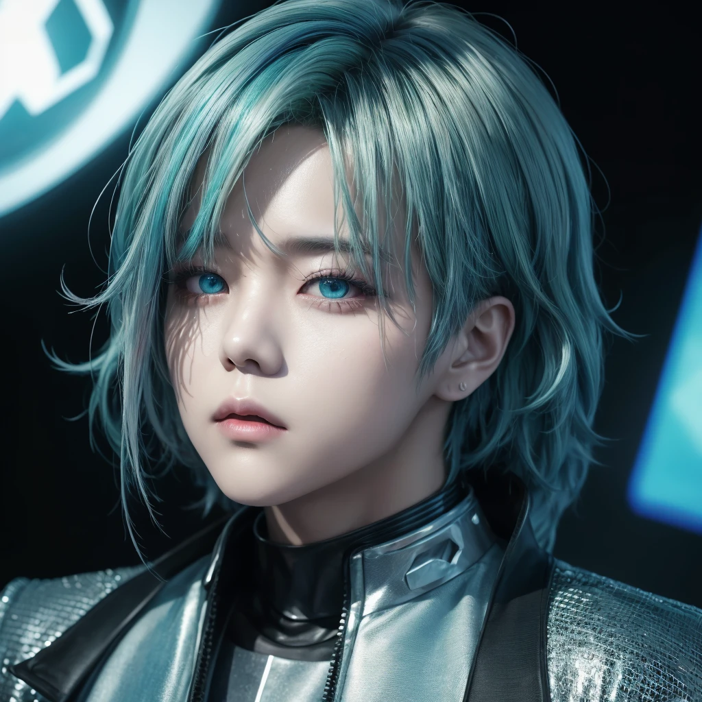 actriz and kpop idol more realism in hair and clothing.  “Crea una imagen de Jimin de BTS con silver hair, one eye blue and the other green, wearing a shiny cyberpunk outfit in metallic tones." “Imagine Jimin from BTS with a futuristic look: silver hair, one blue eye and one green eye, wearing a shiny chrome colored jacket and holographic pants." “Diseña una ilustración de Jimin de BTS con silver hair, Different colored eyes and a bright outfit with cyber tones, like neon and silver." “Make a digital representation of Jimin from BTS with a cyberpunk style: silver hair, one blue eye and one green eye, wearing a metal jacket with shiny details. "Create an image of Jimin from BTS with a futuristic look: silver hair, eyes of opposite colors and wearing a shiny suit in metallic and cyber tones."