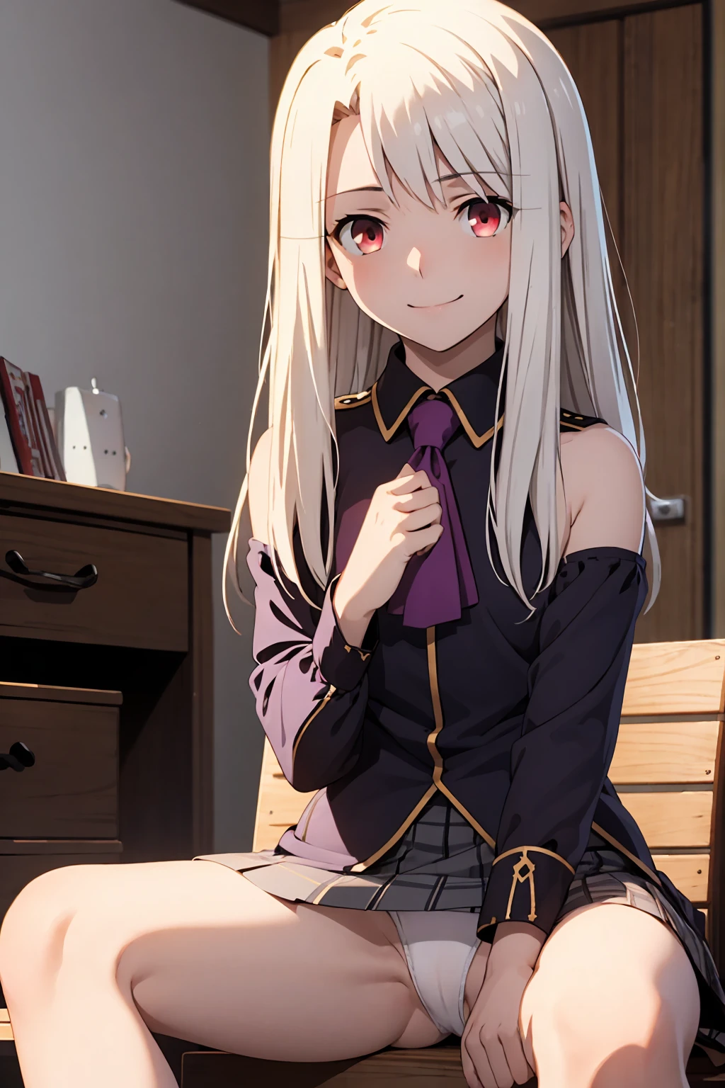 nsfw highest quality, (masterpiece:1.2), Very detailed, destiny/Background of stay, indoor, Illyasviel von Einzbern, etc., One girl, alone, Sitting, Looking at the audience, Mouth closed, smile, Long Hair, Gray Hair, Red eyes, Purple Shirt, Ascot, White skirt, cute white panties Spread your legs blush Completely naked topless