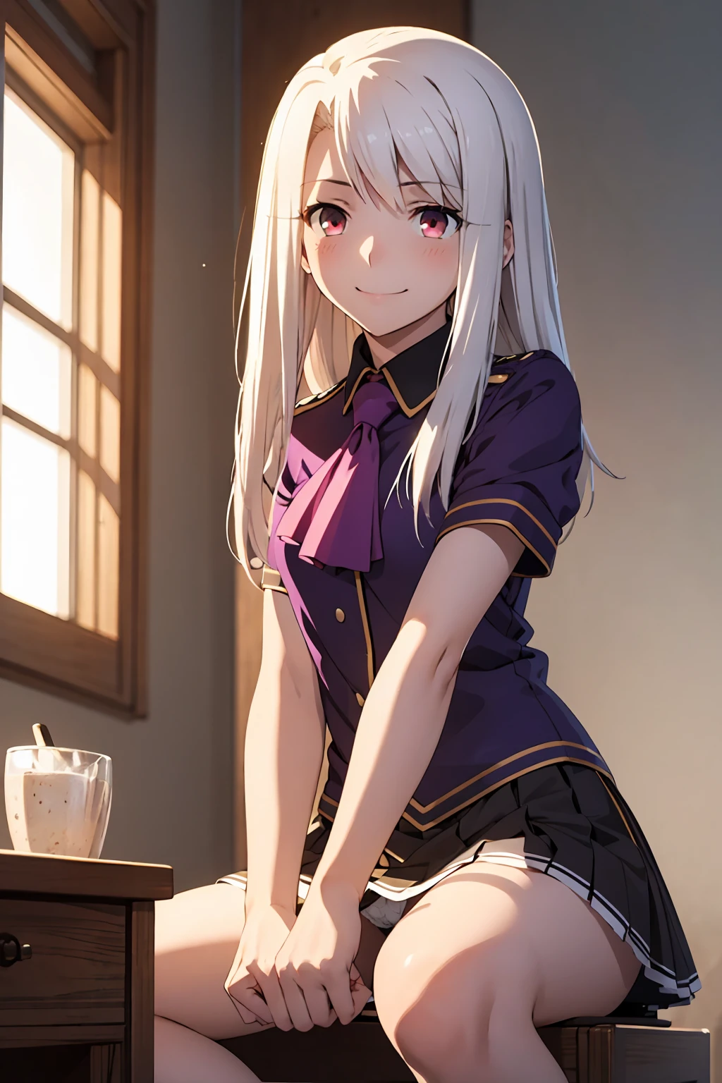 nsfw highest quality, (masterpiece:1.2), Very detailed, destiny/Background of stay, indoor, Illyasviel von Einzbern, etc., One girl, alone, Sitting, Looking at the audience, Mouth closed, smile, Long Hair, Gray Hair, Red eyes, Purple Shirt, Ascot, White skirt, cute white panties Spread your legs blush Completely naked topless