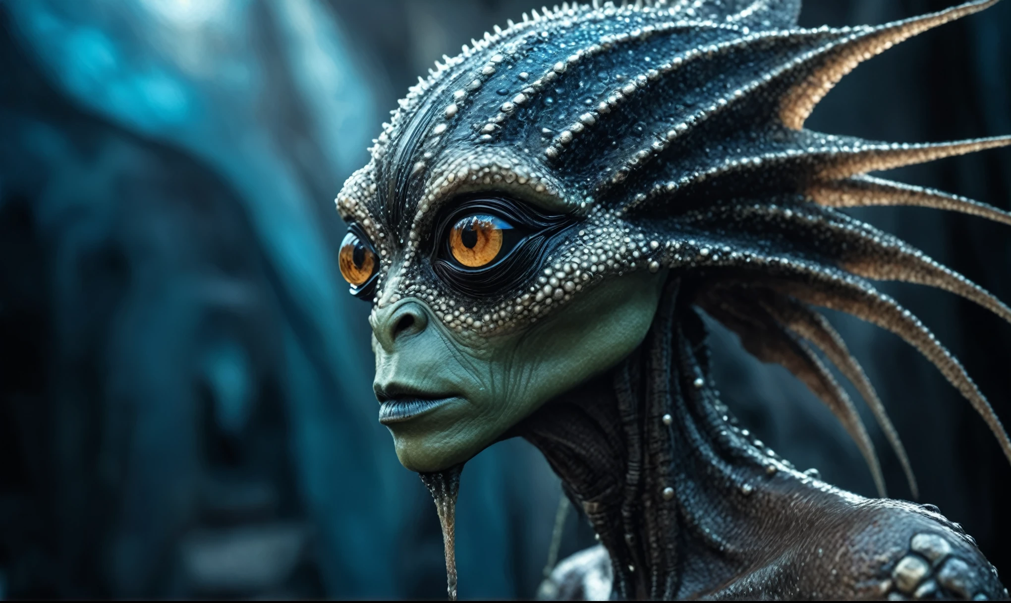 full body length shot,nerd graphite  Alien Entity,native africa slave ,nowadays azctec central city,Cinematic,soft colors, Technicolor,natural skin textures, hyper realism, hyper detailed,Extremely detailed,High contrast,Masterpiece,Realistic,Ultra Detailed, intricate details,realistic humid leather,extremely intricate details,Epic Realistic, cinematic style, irina yermolova,high contrast,hdr,extremely detailed, [deep night landscape],masterpiece, intricate details, eyes extremely detailed, high detailed eyes,8k resolution,retina, Nikon Z9,Korea,orc,, Pisces, transition between two art styles, Double contact, X-ray, Creative, vivid light, fantasy, Abstract, Surrealism, super detailed, high resolution,insanity wear,skin  almost translucent,  symbols of mourning and gothic elements, further emphasizing its dark air,Mestichino,Light particles,chaos,starfish's leather
