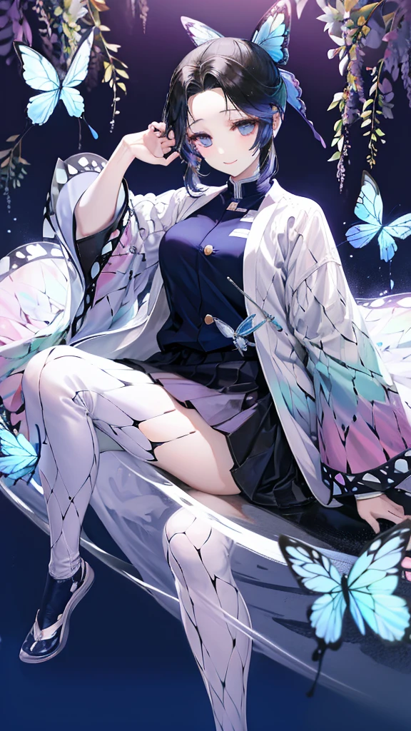 A school uniform with a butterfly-like haori、A truly beautiful smile、Realistic、Hair is a night 、Hair is upstyle、Blue butterfly hair ornament、syringe