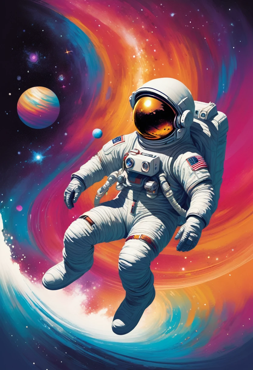 creative logo illustration of an astronaut with white spae suite riding a colorful nebula wave with planets around, The overall theme is vibrant and fantastic with a touch of digitl art  sketch by frank frazetta, dan mumford, carne griffith, high definition, negative space, T-shirts design