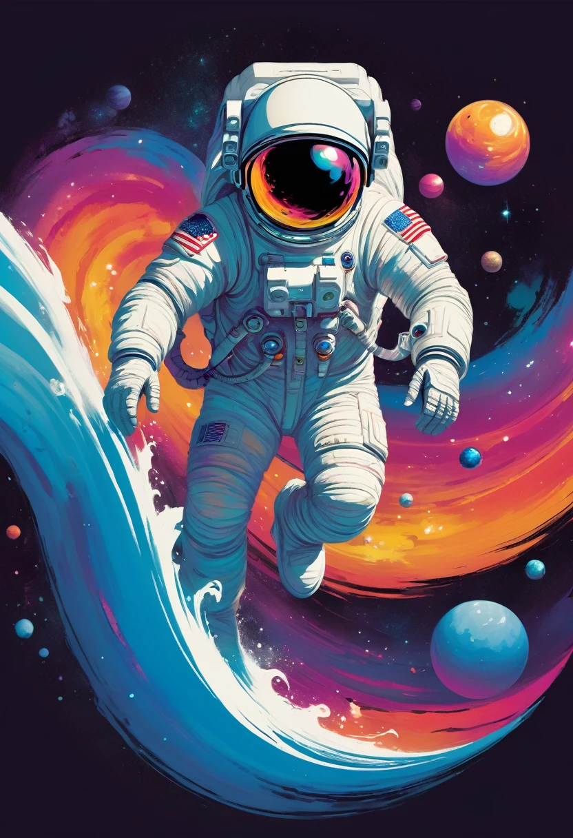 creative logo illustration of an astronaut with white spae suite riding a colorful nebula wave with planets around, The overall theme is vibrant and fantastic with a touch of digitl art sketch by frank frazetta, dan mumford, carne griffith, high definition, negative space, T-shirts design